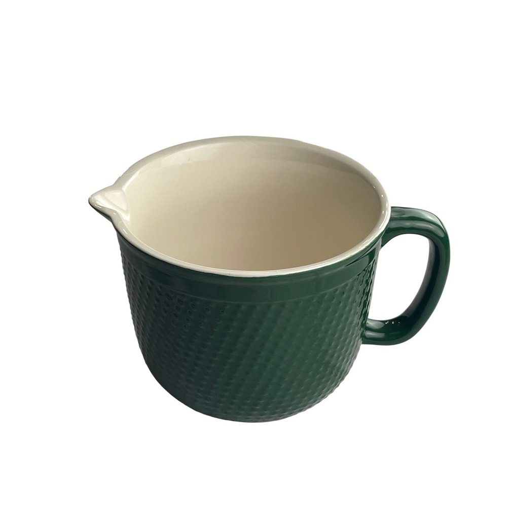 Hunter Green Ceramic Batter Bowl Textured Dimpled with Pour Spout and Handle